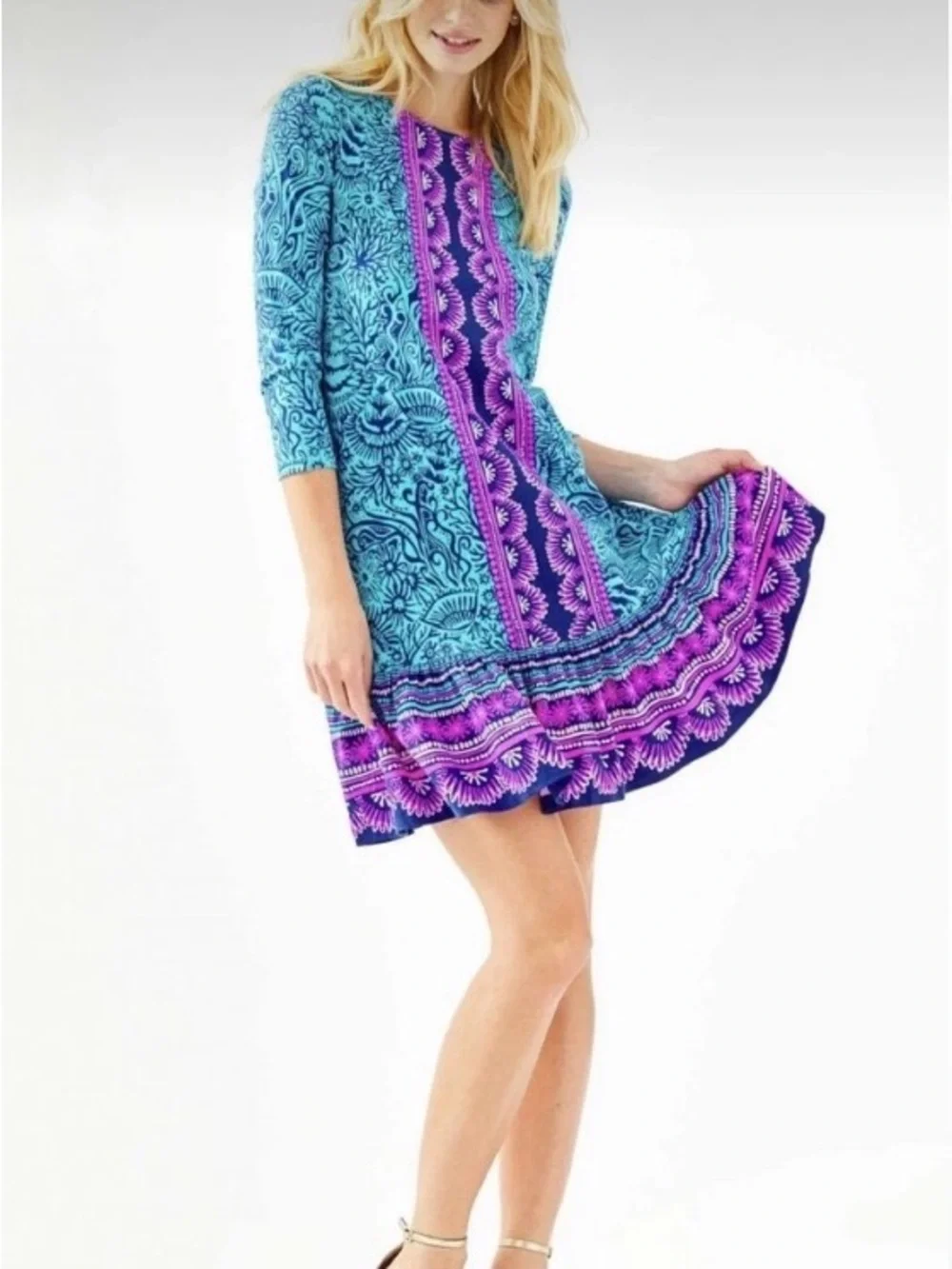 Lilly Pulitzer Blue & Pink Printed Shift Dress Size M – 3/4 Sleeve - Picture 1 of 6